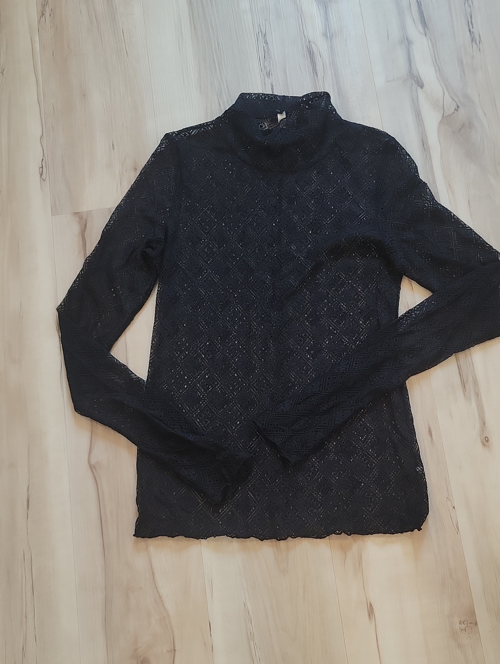 Free People Black Lace Long Sleeve Mock Neck Top